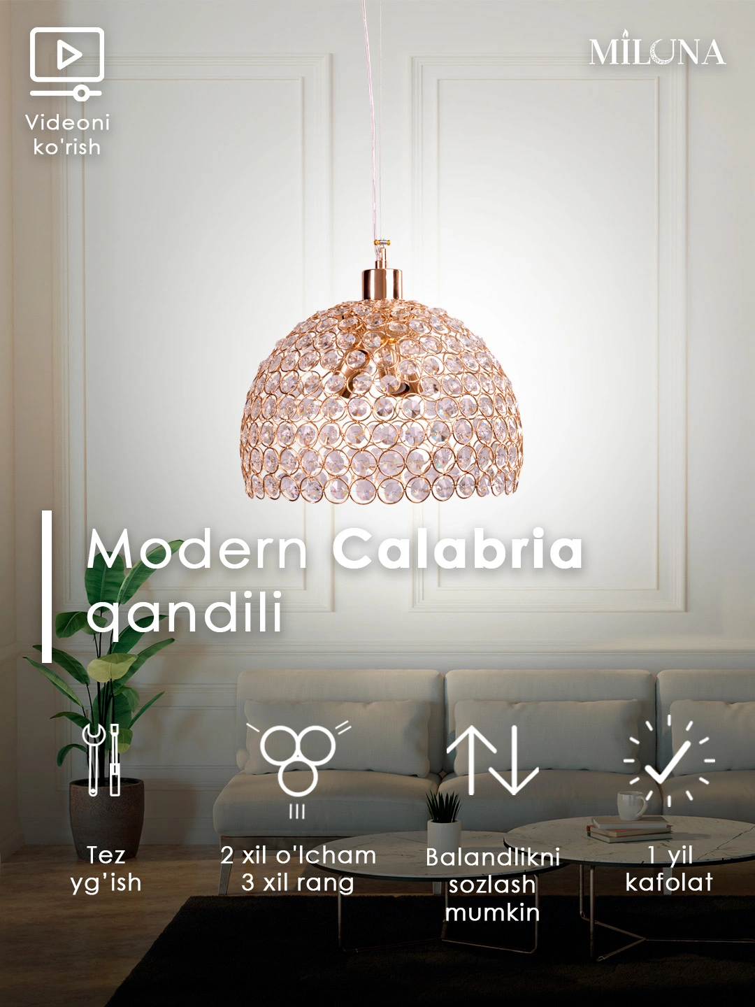 Qandil kristalli, 2 xil shaklida, to'rtburchaklar, yarim doira, balandiligi sozlanadi