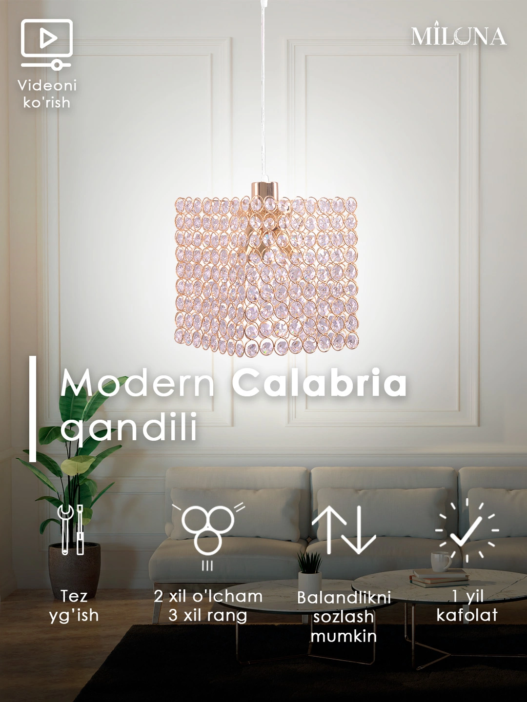 Qandil kristalli, 2 xil shaklida, to'rtburchaklar, yarim doira, balandiligi sozlanadi