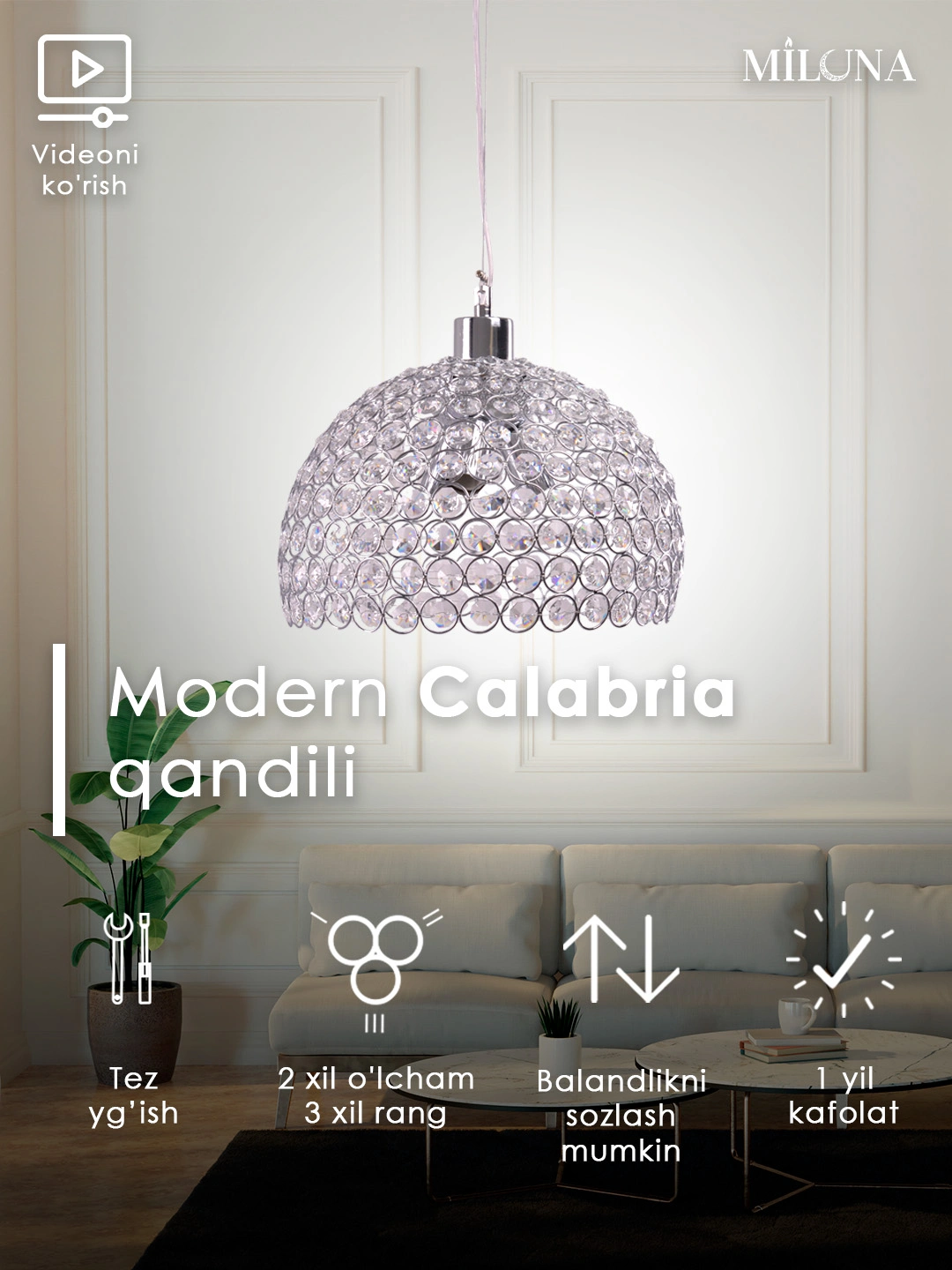 Qandil kristalli, 2 xil shaklida, to'rtburchaklar, yarim doira, balandiligi sozlanadi