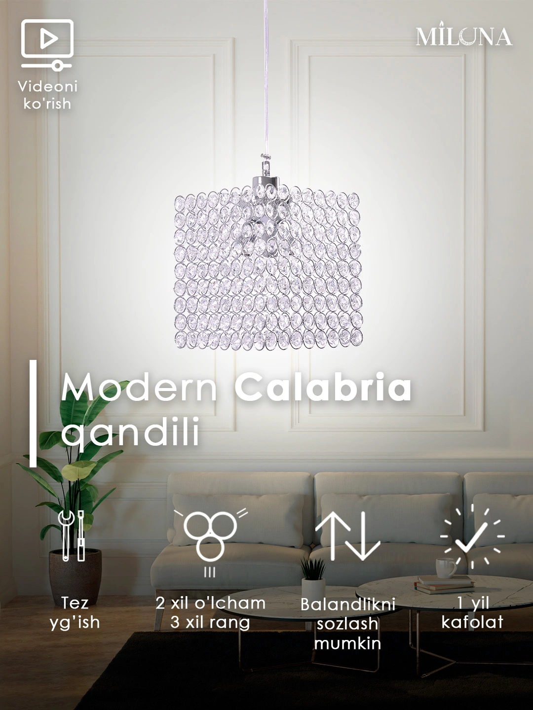 Qandil kristalli, 2 xil shaklida, to'rtburchaklar, yarim doira, balandiligi sozlanadi