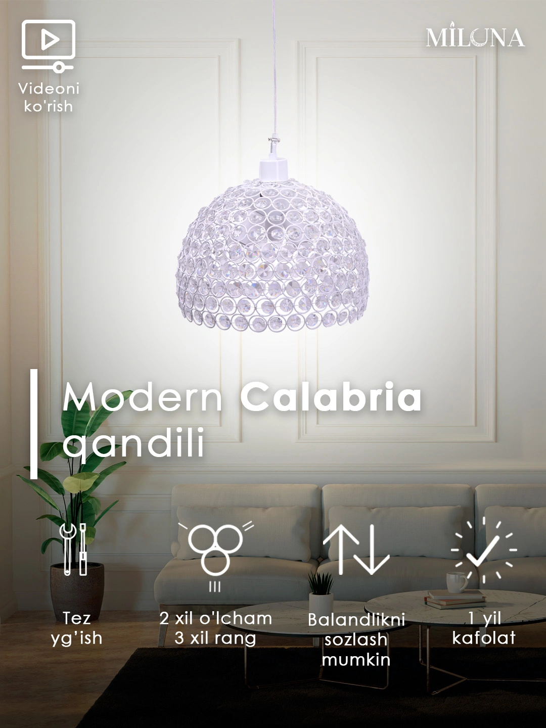 Qandil kristalli, 2 xil shaklida, to'rtburchaklar, yarim doira, balandiligi sozlanadi