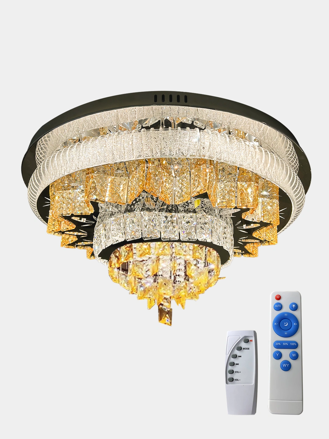 Lyustra musiqali, svetadiodli, 2xil o'lcham,bluetooth ulanadi,pultli,kristal toshli qandil