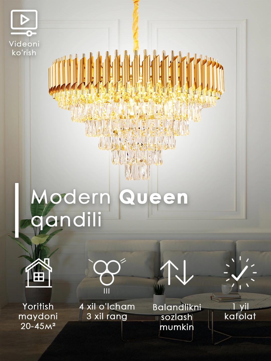 Lyustra hrustal 3 rangda, 5 o'lchamda, balandlik sozlash, yotoxona, zal uchun