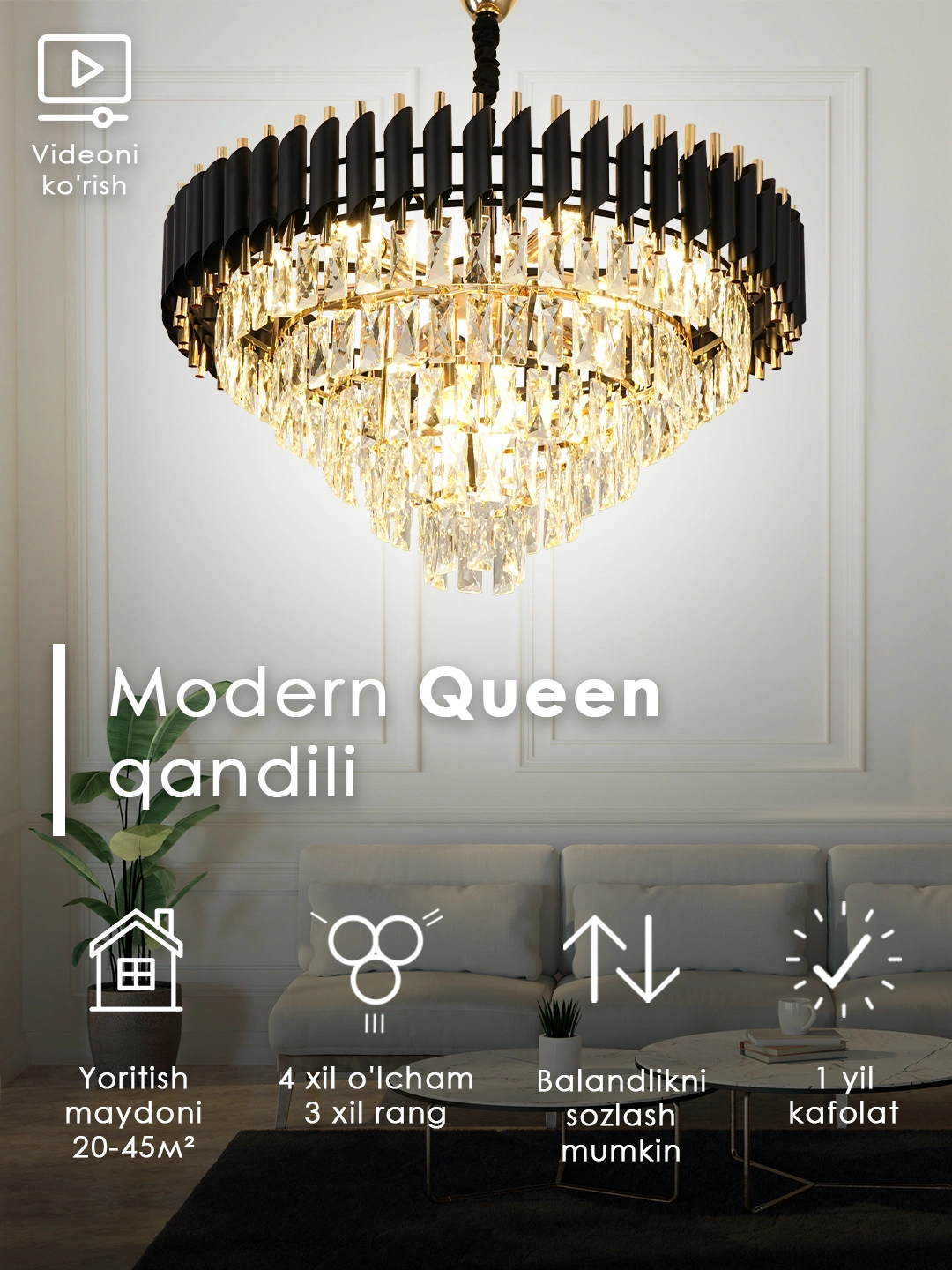 Lyustra hrustal 3 rangda, 5 o'lchamda, balandlik sozlash, yotoxona, zal uchun